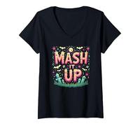Celebración de Halloween Espeluznante y Divertida de Monster Mash It Up Camiseta Cuello V, Mujer, Negro, S