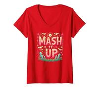 Celebración de Halloween Espeluznante y Divertida de Monster Mash It Up Camiseta Cuello V, Mujer, Rojo, M