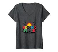 Celebración del Poder Hispano del Mes de la Herencia española Camiseta Cuello V, Mujer, Jaspeado Oscuro, XL
