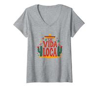 Celebración Mexicana La Vida Loca Fiesta Sombrero Cactus Camiseta Cuello V, Mujer, Gris Jaspeado, XXL