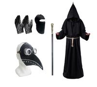 Celebration Directre Disfraz de médico de la peste de Halloween, máscara de médico de la peste de Halloween, bata de sacerdote, collar cruzado, guantes de cuero, cinturón de cetro, pasamontañas