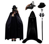 Celebration Directre Disfraz de médico de la peste de Halloween para adultos y niños, máscara de médico de la peste de cuero con capa con capucha, sombrero superior, collar de cruz, guante, cetro