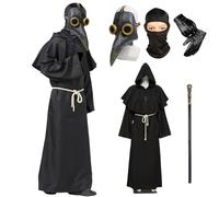 Celebration Directre Máscara de médico de la peste de cuero retro, máscara de pájaro de mago, capa con capucha, bata de sacerdote, guantes de cuero, collar de cruz, cinturón de cetro, pasamontañas