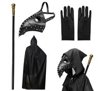 Celebration Directre Máscara de médico de la peste de Halloween, máscara gótica de médico de la peste de nariz larga con capa negra con capucha, guantes negros, cetro rey para Halloween, cosplay