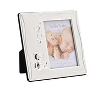 Celebrations - Marco de fotos cuadrado con texto en inglés "Hello Baby" (7,62 x 10,16 cm), diseño de bebé recién nacido, chapado en plata, con icono de osito, regalo y exhibición para celebrar a