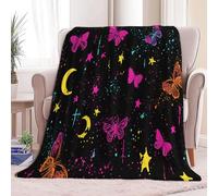 Celestial Bodies - Manta con estampado de cielo estrellado, luna, mariposa, 150 x 200 cm, manta de franela súper suave, ligera, cómoda, cálida, manta negra para sofá, cama, oficina, 100 x 130 cm