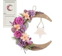 Celestial Moon Flower Wreath, Artificial Wall Decor Ring, 14x14 Inches Star Sign Wreath with Hanging Loop, Floral Metal Frame Wreaths, Boho Walls Garland with Mystic Style, Farmhouse for Door Wall