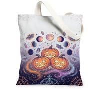 Celestial Pumpkins Moon Phase Jack-o'-lanterns - Bolsa de lona de 13 x 15 | Fases lunares, polillas celestes, cartas estelares místicas, degradado violeta etéreo, ambiente estacional otoñal