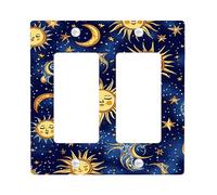 Celestial Sun and Moon Light Switch Cover Plates/Outlet Covers Midnight Blue Cosmic Design for Bedroom Decor, Thermoplastic, Standard Size Double Rocker