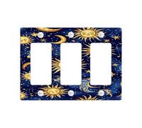 Celestial Sun and Moon Light Switch Cover Plates/Outlet Covers Midnight Blue Cosmic Design for Bedroom Decor, Thermoplastic, Standard Size 3 Gang Wall Plate