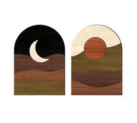 Celestial Themes (MZ916) - Juego de 2 piezas de arte de madera tallada, decoración bohemia para sala de estar, dormitorio, baño con líneas abstractas bohemias