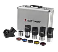 Celestron 94305: ocular 2 pulgadas y kit de filtros, 12 uds. - Espejo diagonal 2", adaptador diagonal, 3 oculares E-lux 2", 2 lentes de Barlow, filtros de 5 colores, funda rígida de aluminio, plateado
