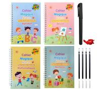 CELIMS - Juego de 4 cuadernos de escritura mágica | Reutilizable con ranuras | alfabeto matemático, dibujo, números + 2 bolígrafos | a partir de 3 años