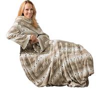 CelinaTex Manta con Mangas y Bolsillo para los pies, mullida, 150 x 180 cm, Color Topo y Crema, Microfibra, Forro Polar, con Certificado Öko-Tex, diseño de Estrellas de Nieve