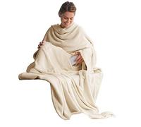 CelinaTex Manta para TV con Mangas y Bolsillo para los pies, tamaño XL, 170 x 200 cm, Color Crema y Blanco, Microfibra, Forro Polar, Certificado Öko-Tex