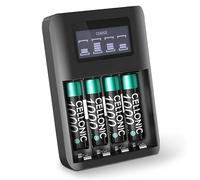 CELLONIC Cargador de Pilas AA AAA USB + 4 Baterías Recargables AAA 1000mAh LR03, Cargador Pilas USB con 4 Compartimentos de Carga, 4 Slots y Pantalla LCD para Control de Carga Cargador USB