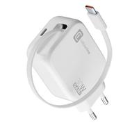 Cargador de Pared Cellularline 30W con Cable USB-C Retráctil de 90 cm, Tecnología GAN, Doble Puerto USB-C Power Delivery, Compacto para Smartphones y Tablets, Blanco