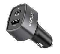 Celly Cargador de Coche 65W USB-C + USB-A - Power Delivery para Smartphone, Tablet y Portátil, Aluminio, 12-24V