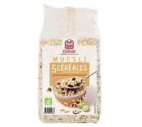 CELNAT Muesli 5 Cereales 500g Bio, Copos de Avena, Trigo, Cebada, Centeno y Arroz con Avellanas y Pasas, Sin Azúcares Añadidos, Certificado Ecocert