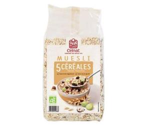CELNAT Muesli 5 Cereales 500g Bio, Copos de Avena, Trigo, Cebada, Centeno y Arroz con Avellanas y Pasas, Sin Azúcares Añadidos, Certificado Ecocert
