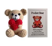 Celuicion Positive Crochet Animal, 9 cm Pocket Positive Bear Holding Red Heart, Cute Bear Handmade Gift Knitted Doll with Positive Card for Women Men Birthday Valentine's Day Gift