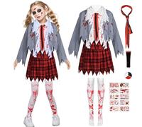 Celvibe Disfraz de animadora para niños, disfraz de zombi de Halloween para niña con pompones de animadora de terror, medias, cicatrices de sangre, tatuajes temporales, corbatas para Halloween