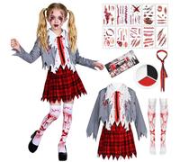 Celvibe Disfraz de animadora para niños, disfraz de zombi de Halloween para niña con pompones de terror, medias de cicatriz de sangre, tatuajes temporales, corbatas para Halloween, carnaval, cosplay