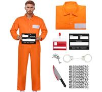 Celvibe Disfraz de convicto para adulto naranja, disfraz de prisionero para hombre y mujer, disfraz de prisionero con accesorios realistas, disfraz de prisión para Halloween, cosplay, fiesta temática