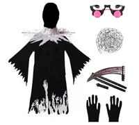 Celvibe Marypaty Disfraz de muerte de Halloween para adultos, niños y hombres, 8 unidades, disfraz de muerte de la Parca, juego de capa con capucha (negro, 120)