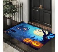 Cementerio Árboles Extraños Felpudos para Interiores,Tapete de Puerta Azul para Halloween,Felpudo Calabaza Casa Embrujada Antideslizante De Perfil Bajo para Entrada Cocina Mascotas Perros 40 x 60cm