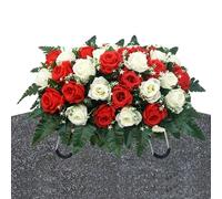 Cemetery Saddle Flowers, Artificial Rose Decor, Uv Resistant Outdoor Grave Arrangement, Tombstone Memorial Saddle Floral Display Weatherproof Silk Flowers for Cemetery Grave Site for Memorial Day