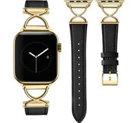 CeMiKa Correa de Cuero Compatible con Apple Watch 42mm 44mm 45mm 49mm para Mujeres, Correa Fina de Cuero Genuino con Metal en Forma de X para iWatch Serie 9 8 7 6 5 4 3 2 1 Ultra, Negro/Oro