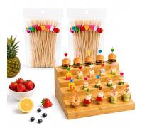 Cemssitu Bamboo Skewer Holder, 6-Tier Natural Bamboo Food Display Stand with 180 Holes and 100 Heart-Shaped Skewers, for Appetizer, Party, Buffet, Wedding (200pcs Bamboo Skewer only)