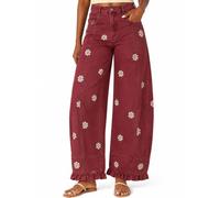 Cemssitu Barrel Jeans for Women, Floral Print Wide Leg Denim Pants, Y2K Patchwork Baggy Boyfriend Jeans (Red,XXL)