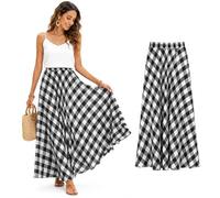 Cemssitu Boho Skirts for Women, Gingham Plaid Maxi Skirt, Flowy A-Line Elastic Waist Summer Beach Skirt (Black,XL)