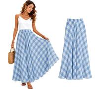 Cemssitu Boho Skirts for Women, Gingham Plaid Maxi Skirt, Flowy A-Line Elastic Waist Summer Beach Skirt (Light Blue,XXL)