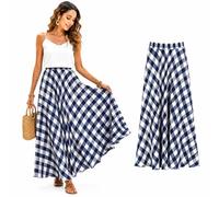 Cemssitu Boho Skirts for Women, Gingham Plaid Maxi Skirt, Flowy A-Line Elastic Waist Summer Beach Skirt (Dark Blue,S)