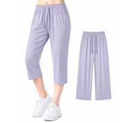 Cemssitu Ice Silk Cooling Capri Pants for Senior Women Over 50, Quick Dry Stretch Capris with Zipper Pockets, Lightweight Summer Pants (Light Purple,L)