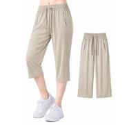 Cemssitu Ice Silk Cooling Capri Pants for Senior Women Over 50, Quick Dry Stretch Capris with Zipper Pockets, Lightweight Summer Pants (Apricot,S)