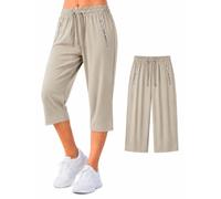 Cemssitu Ice Silk Cooling Capri Pants for Senior Women Over 50, Quick Dry Stretch Capris with Zipper Pockets, Lightweight Summer Pants (Khaki,S)