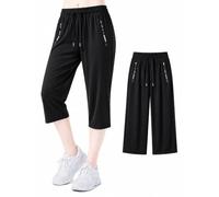 Cemssitu Ice Silk Cooling Capri Pants for Senior Women Over 50, Quick Dry Stretch Capris with Zipper Pockets, Lightweight Summer Pants (Black,XL)