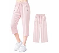 Cemssitu Ice Silk Cooling Capri Pants for Senior Women Over 50, Quick Dry Stretch Capris with Zipper Pockets, Lightweight Summer Pants (Light Pink,XXL)