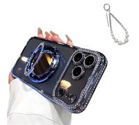 Cemssitu Magnetic Luxury Glitter Case with Makeup Mirror for iPhone 17 16 15, Bling Diamond Rhinestone Case for Women, Built-in Kickstand&Camera Protector, Slim Sparkly Protective Cover (17Pro,Blue)