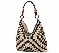 Cemssitu Straw Bags for Women 2026, Crochet Woven Beach Tote Bag with Wooden Beads, Boho Shoulder Purse for Summer Vacation Travel (Black)