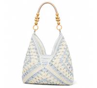 Cemssitu Straw Bags for Women 2026, Crochet Woven Beach Tote Bag with Wooden Beads, Boho Shoulder Purse for Summer Vacation Travel (Blue)