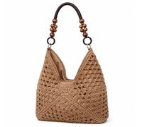 Cemssitu Straw Bags for Women 2026, Crochet Woven Beach Tote Bag with Wooden Beads, Boho Shoulder Purse for Summer Vacation Travel (Brown)