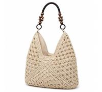 Cemssitu Straw Bags for Women 2026, Crochet Woven Beach Tote Bag with Wooden Beads, Boho Shoulder Purse for Summer Vacation Travel (Beige)