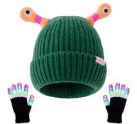 Cemssitu Winter Parent-Child Cute Glowing Little Monster Knit Hat with Light Up Gloves (One Size,Dark Green)