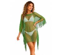 Cemssitu Womens Fringe Mesh Swimsuit Cover Up, Hollow Out Crochet Beach Poncho Pullover, Sheer Bikini Coverups (Green,one_size)