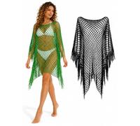 Cemssitu Womens Fringe Mesh Swimsuit Cover Up, Hollow Out Crochet Beach Poncho Pullover, Sheer Bikini Coverups (2pcs-C,one_size)